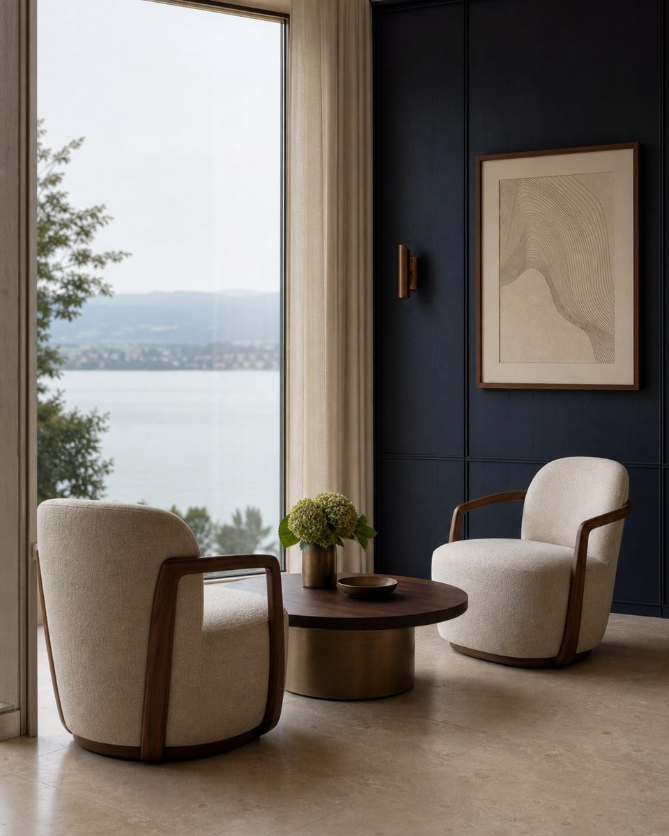 Besprechungsraum mit Sesseln und Blick auf den Bodensee